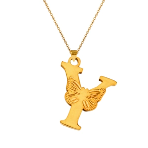 Macro shot of 18K gold plated Y-letter pendant with intricate butterfly relief details