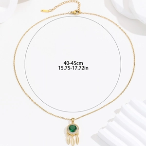 18K gold plated necklace with emerald zircon pendant and leaf charms on white background