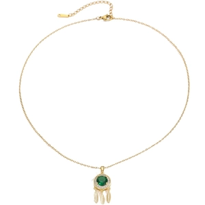 Bohemian gold 18K plated dreamcatcher necklace with emerald zircon and feather charms