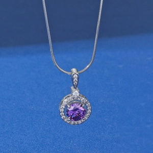 Fashion Stainless Steel Round Purple Zircon Pendant Necklace Silver Snake Chain For Women Elegant Daily Jewelry Gift