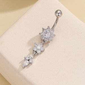 Polished stainless steel belly ring with sparkling zircon stone flower clusters and teardrop