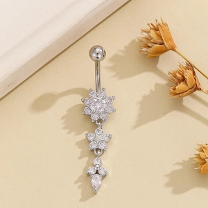 Silver stainless steel octagon flower navel ring with crystal zirconia for women