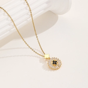 Collana Con Ciondolo A Quadrifoglio In Acciaio Inossidabile E Zirconia Per Donna Catena Girocollo Fiore Smaltato Oro Gioielli