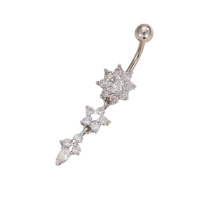 Octagonal stainless steel navel ring with sparkling cubic zirconia flower pendant