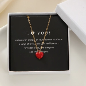 Gold-plated stainless steel heart necklace with red pendant in a premium white gift box