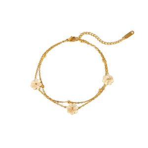 Tobillera de doble capa bañada en oro de 18K con margaritas blancas y cuentas de oro