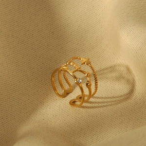 Luxury 18K gold-plated stainless steel layered ring with star and crystal accents