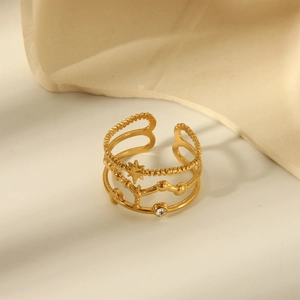 Three-layer 18K gold-plated stainless steel star ring with a sparkling crystal accent