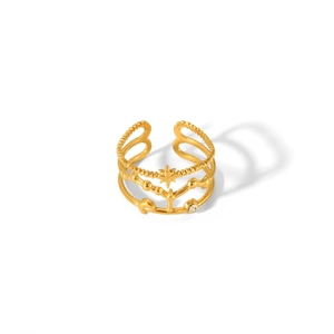 Detail of 18K gold-plated star and moon ring with layered bead bands and zircon stone