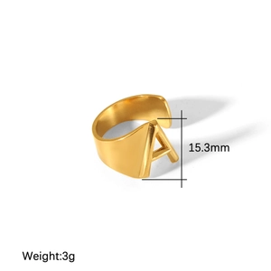 Polished 18K gold plated stainless steel open ring featuring a 15.3mm letter A design