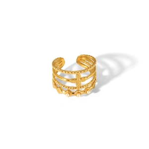 Detail of 18K gold-plated stainless steel ring with multilayered floral and pearl accents
