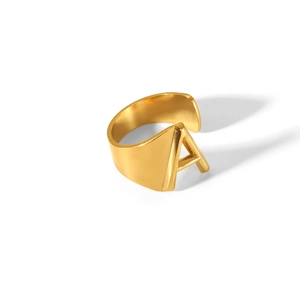 Polished 18K gold plated stainless steel open ring featuring a bold letter A design
