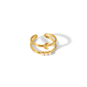 Detail of 18K gold stainless steel double layer ring with moon and pearls