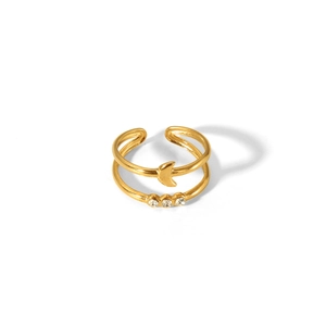 Detail of 18K gold-plated stainless steel ring with moon and zircon star accents