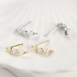 Curved starburst stud earrings with zircons and gold plating for DIY jewelry