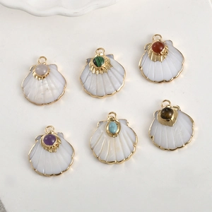 Fan Scallop Shape Shell Gemstone Inlaid Pendant Gold Plated Amethyst Rose Quartz Turquoise Tiger Eye DIY Jewelry Accessory
