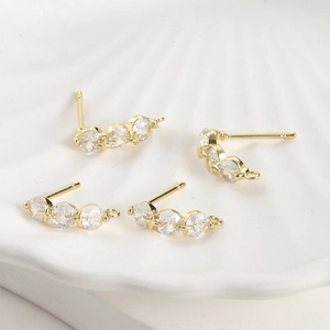 Gold-plated 14k brass stud earring findings with three zircons and hanging loop