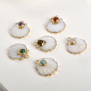 Gold-plated scallop shell pendants with natural semi-precious stones and ring loops