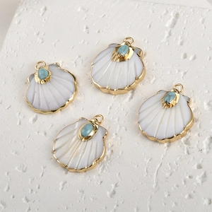 Gold plated shell fan pendants with natural stone inlay for DIY bohemian jewelry making