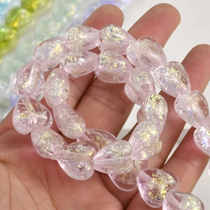 Pink heart-shaped faux opal glass beads with iridescent foil for DIY jewelry making
