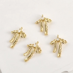 14k gold plated bow pendant with lace hollow edge and rectangular zircon for DIY jewelry