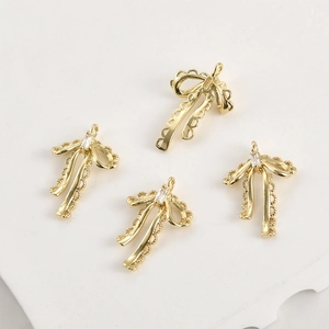14k gold plated bow pendant with lace edge and rectangular zircon for DIY jewelry making