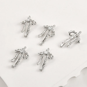 Five lace bow pendants with rectangular zircon in 14k gold plated copper for DIY jewelry