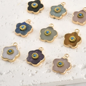 Natural crystal flower charms with gold edges and sunflower center for DIY jewelry