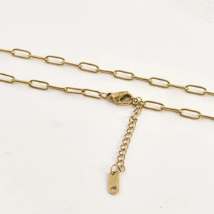 Detail der goldenen Edelstahl-Rechteckgliederkette mit Karabinerverschluss und S.STEEL-Tag