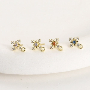 Snowflake 14k gold plated earrings components with colorful zircons for DIY jewelry