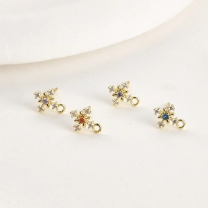 14k gold plated cross stud earrings with colorful cubic zirconia and bottom loop for DIY