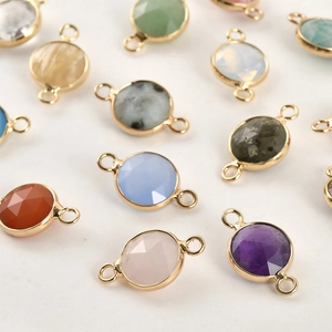 Natural crystal double-loop round gold-plated connector charms for DIY jewelry making