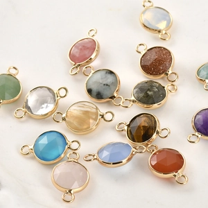 Gold-plated natural crystal round faceted stone pendants for DIY bracelet jewelry making