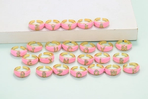 Pink enamel adjustable gold rings with micro-inlaid rhinestone alphabet letters A-Z