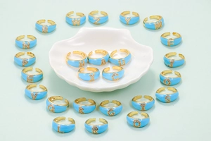 Adjustable gold open rings with blue enamel and rhinestone alphabet letters A to Z