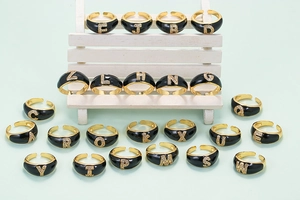Adjustable gold plated open rings with black enamel and rhinestone A-Z letters