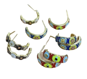Retro colorful enamel hoop earrings with daisy and evil eye patterns in gold plating