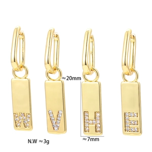 Micro-paved 18K gold letter drop earrings with white zircon stones and rectangular charms