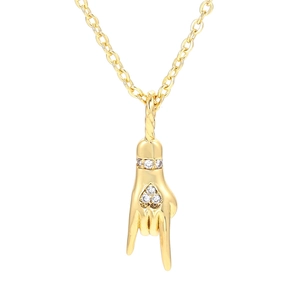 Hip hop style gold plated necklace with rock gesture pendant and white rhinestones