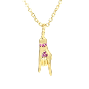 Gold gesture pendant necklace with heart-shaped purple gemstones and hip-hop link chain