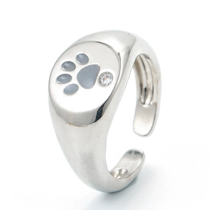 Polished silver signet ring featuring a grey enamel paw print and a sparkling zircon stone