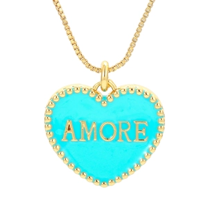 Goldener Herzanhänger mit blauem Emaille, AMORE Schriftzug und zarter Kugelkettenkette
