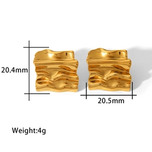 Detailed view of 18K gold plated wavy square stud earrings with size and weight specs