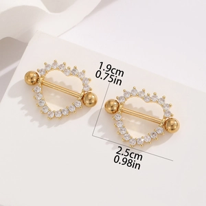 18K gold-plated stainless steel heart nipple rings set with white zircon crystals