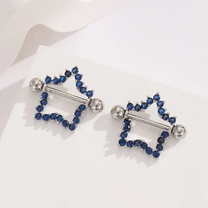 Star-shaped nipple bar piercing with deep blue zircon in 18K gold plated stainless steel