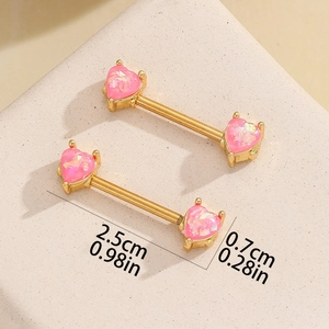 18K gold plated stainless steel nipple ring set with pink heart faux opal stones
