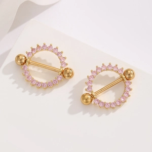 18K gold-plated stainless steel nipple rings with pink cubic zirconia stones
