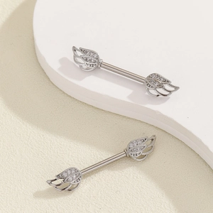 Symmetric silver angel wing nipple rings with sparkling cubic zirconia pavé detailing