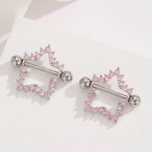 Detail view of pentagram nipple shield with pink zircon stones on steel barbell jewelry