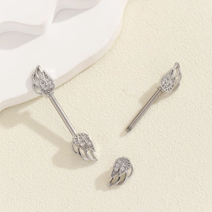 Silver angel wing nipple ring with zircons and threaded bar on white background